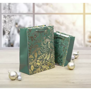 SIGEL GT118 sacos de presente, ornamentos dourados sobre verde, 26 x 32 cm, pack de 5