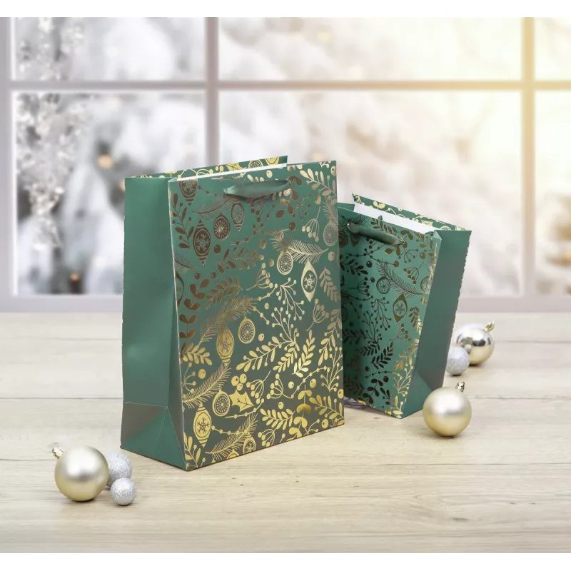 SIGEL GT118 sacos de presente, ornamentos dourados sobre verde, 26 x 32 cm, pack de 5
