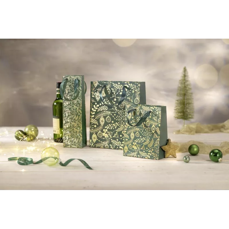 SIGEL GT118 sacos de presente, ornamentos dourados sobre verde, 26 x 32 cm, pack de 5