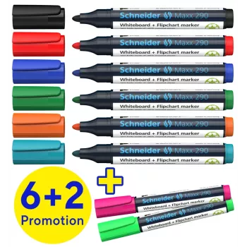 Schneider Maxx 290 marcadores para quadro branco e flipchart conjunto de 8 cores variadas, ponta redonda 2,0-3,0 mm 129098