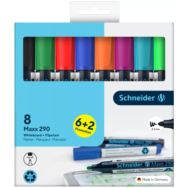 Schneider Maxx 290 marcadores para quadro branco e flipchart conjunto de 8 cores variadas, ponta redonda 2,0-3,0 mm 129098