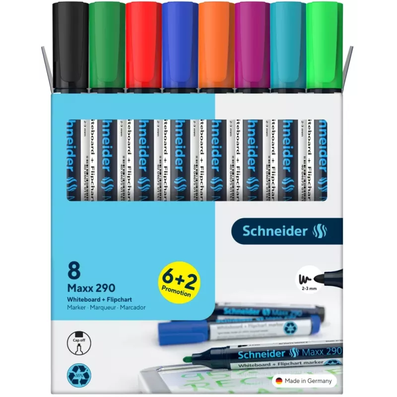 Schneider Maxx 290 marcadores para quadro branco e flipchart conjunto de 8 cores variadas, ponta redonda 2,0-3,0 mm 129098