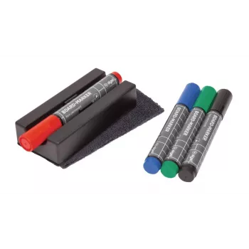 SIGEL BA151 conjunto de acessórios para quadro branco, 4 marcadores apagáveis a seco, apagador magnético, suporte magnético para marcadores, spray de limpeza 50 ml, 10 panos de limpeza, preto