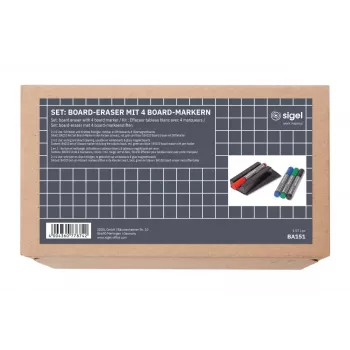 SIGEL BA151 conjunto de acessórios para quadro branco, 4 marcadores apagáveis a seco, apagador magnético, suporte magnético para marcadores, spray de limpeza 50 ml, 10 panos de limpeza, preto