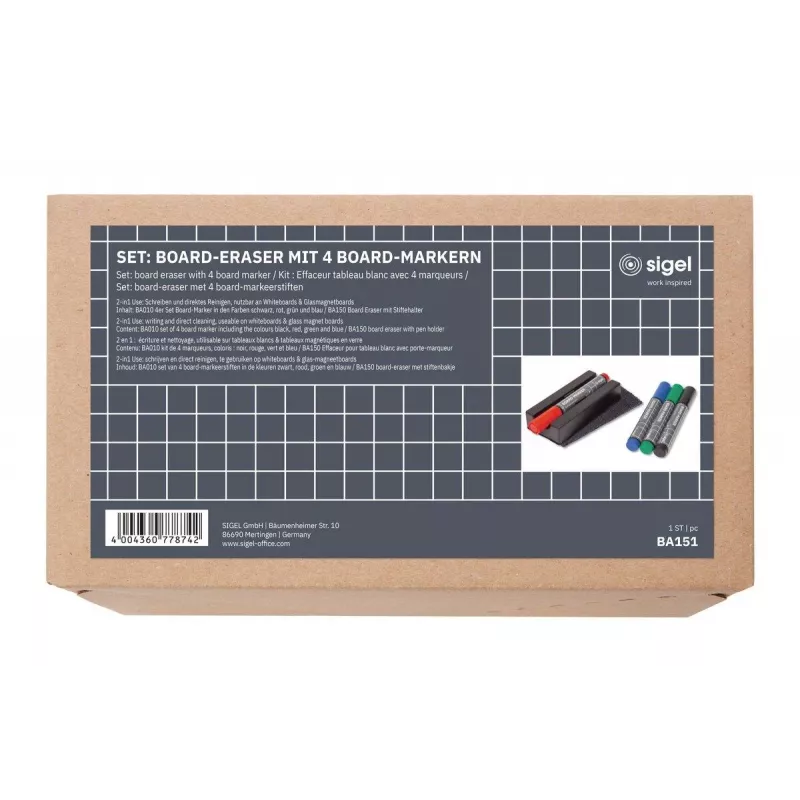 SIGEL BA151 conjunto de acessórios para quadro branco, 4 marcadores apagáveis a seco, apagador magnético, suporte magnético para marcadores, spray de limpeza 50 ml, 10 panos de limpeza, preto