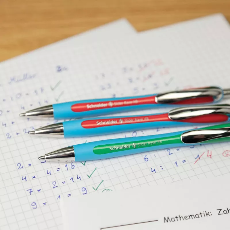 Schneider Slider Rave esferográfica pack de 3, várias tintas azuis, média 1,0 mm, tecnologia Viscoglide, zona de preensão ergonómica em borracha, clipe metálico, recarregável 132597