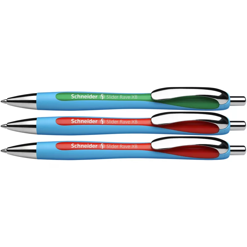 Schneider Slider Rave esferográfica pack de 3, várias tintas azuis, média 1,0 mm, tecnologia Viscoglide, zona de preensão ergonómica em borracha, clipe metálico, recarregável 132597