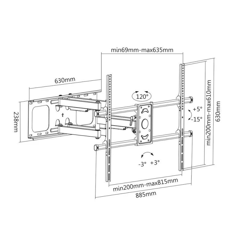 E+P WHS145 suporte de parede Full-Motion para ecrãs de 50-90 polegadas, orientável e inclinável, VESA até 600x400, 60 kg, preto