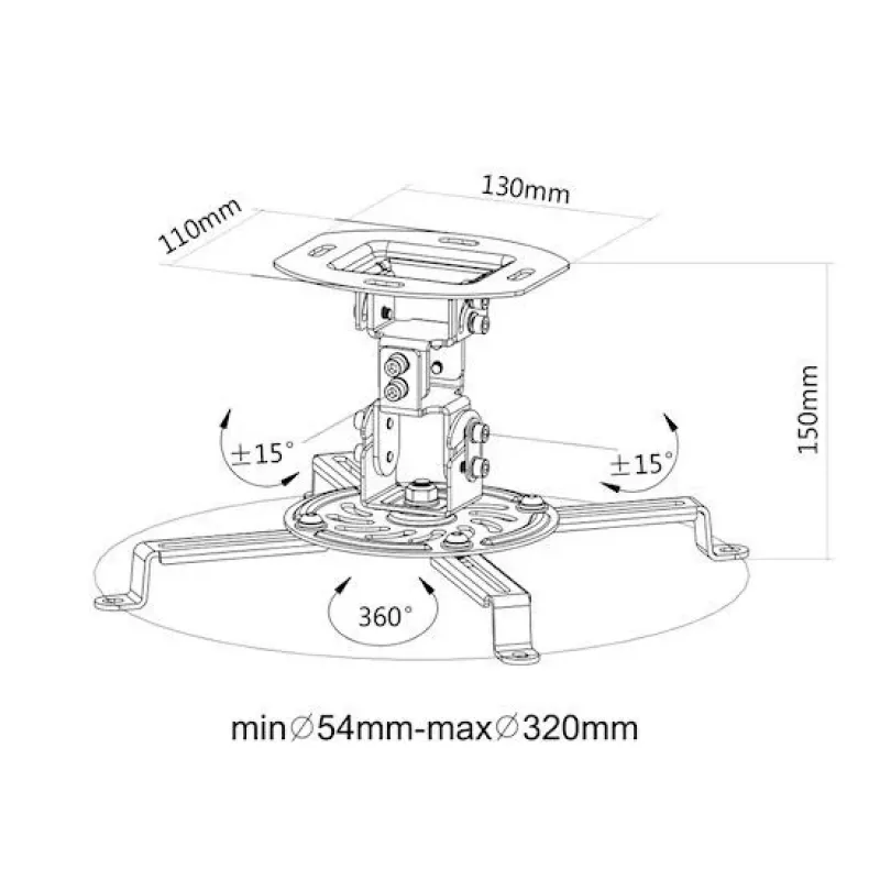 E+P DH 15 suporte de teto para projetor 150 mm, inclinar/orientar/rodar, até 13,5 kg, prateado 1258015