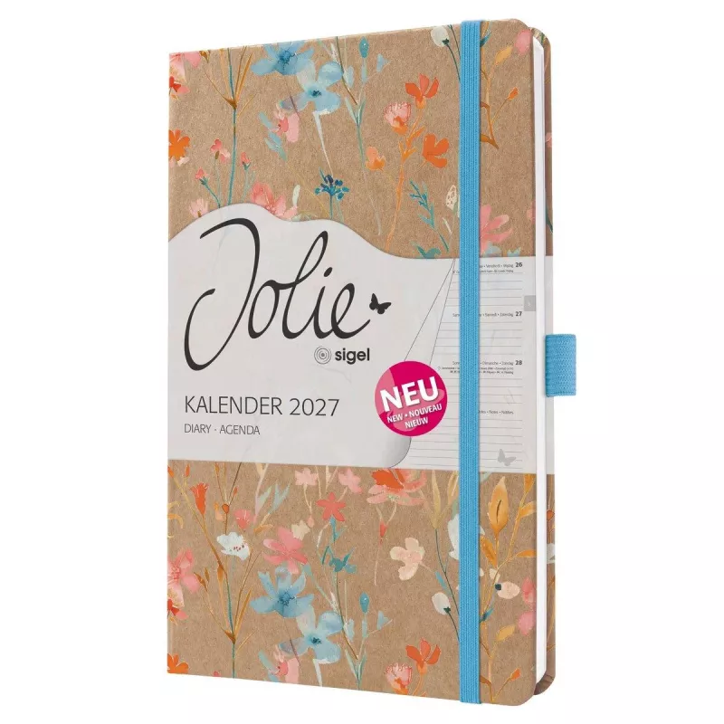 Planeador semanal SIGEL Jolie 2027 A5 azul Floral Serenity capa dura com elástico, presilha para caneta, marcador de página, bolsa interior, 144 páginas, papel 80 g/m², cantos arredondados, multilingue 7J807