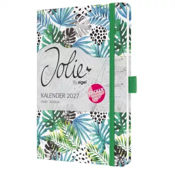 Planeador semanal SIGEL Jolie 2027 A5 Green Jungle Fever capa mole com elástico, presilha para caneta, 2 marcadores de página 7J355