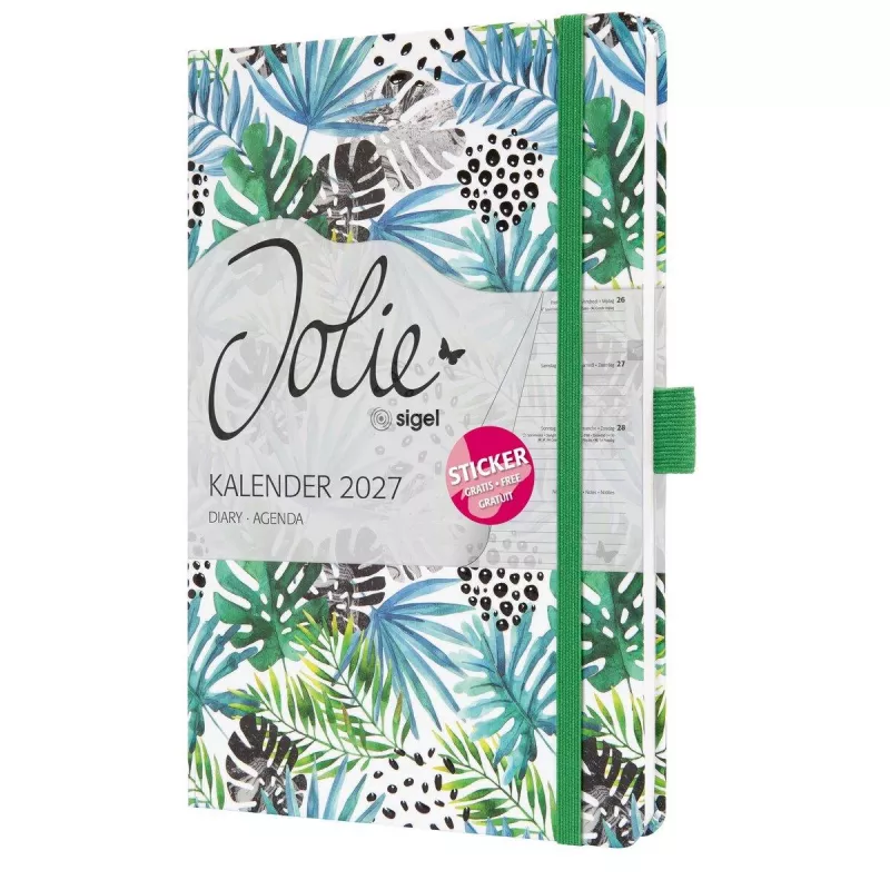 Planeador semanal SIGEL Jolie 2027 A5 Green Jungle Fever capa mole com elástico, presilha para caneta, 2 marcadores de página 7J355