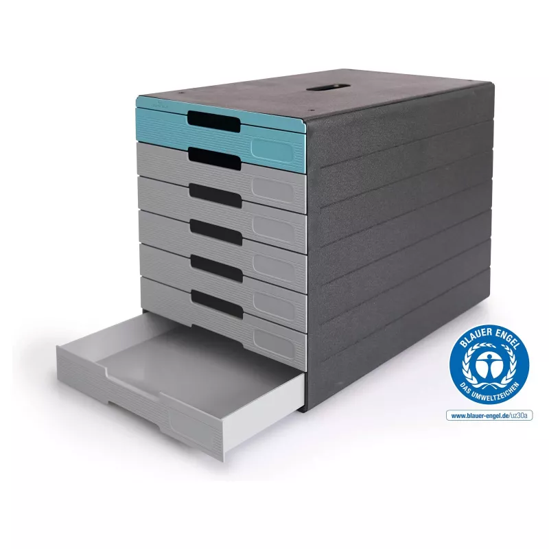 Gaveteiro DURABLE IDEALBOX PLUS, 7 gavetas, DIN A4, cinzento/azul, poliestireno 776306