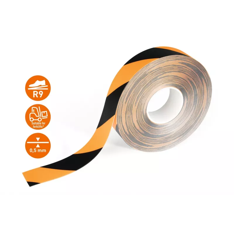 Fita de marcação de chão autoadesiva DURABLE DURALINE 50/05 laranja/preto às riscas 50mm x 5m 1021130