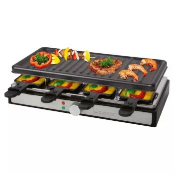 Clatronic RG 3757 grelhador raclette, retangular, placa de grelhar canelada 42x21 cm, 8 frigideiras de raclette, 1400 W, aço inoxidável/plástico 263946