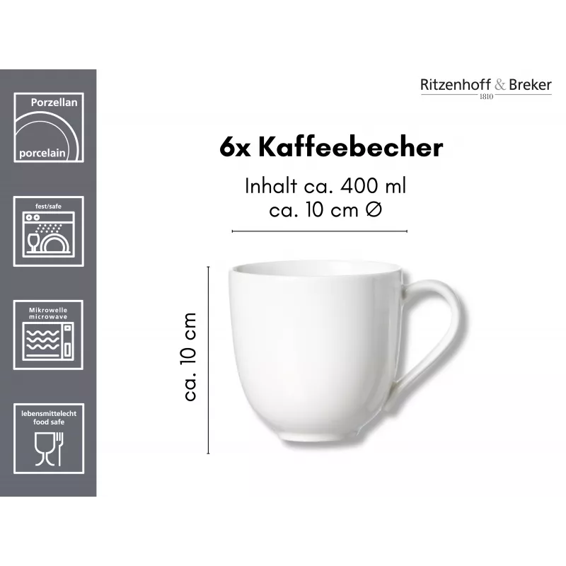Ritzenhoff & Breker Skagen chávenas de café de porcelana branca 440 ml conjunto de 6 317329