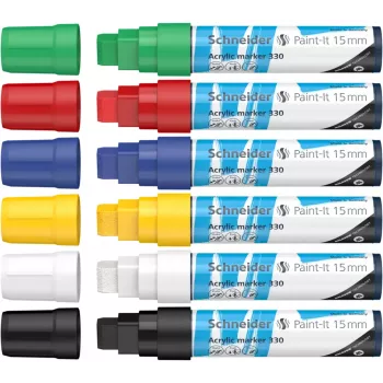 Schneider Paint-It 330 V1 conjunto de marcadores acrílicos, 6 cores diferentes, ponta cunha 15 mm 120396