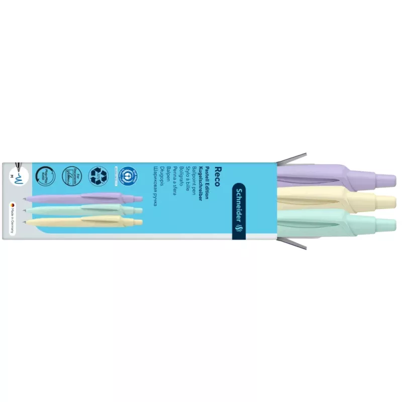 Schneider Reco Pastel esferográfica, tinta azul, pack de 3, várias cores pastel 131893