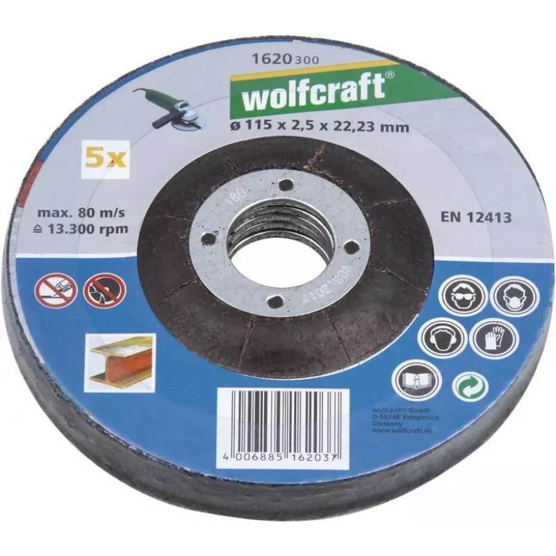 Disco de corte com centro rebaixado Wolfcraft 1622300 125 mm x 22,23 mm x 1,0 mm, pack de 5