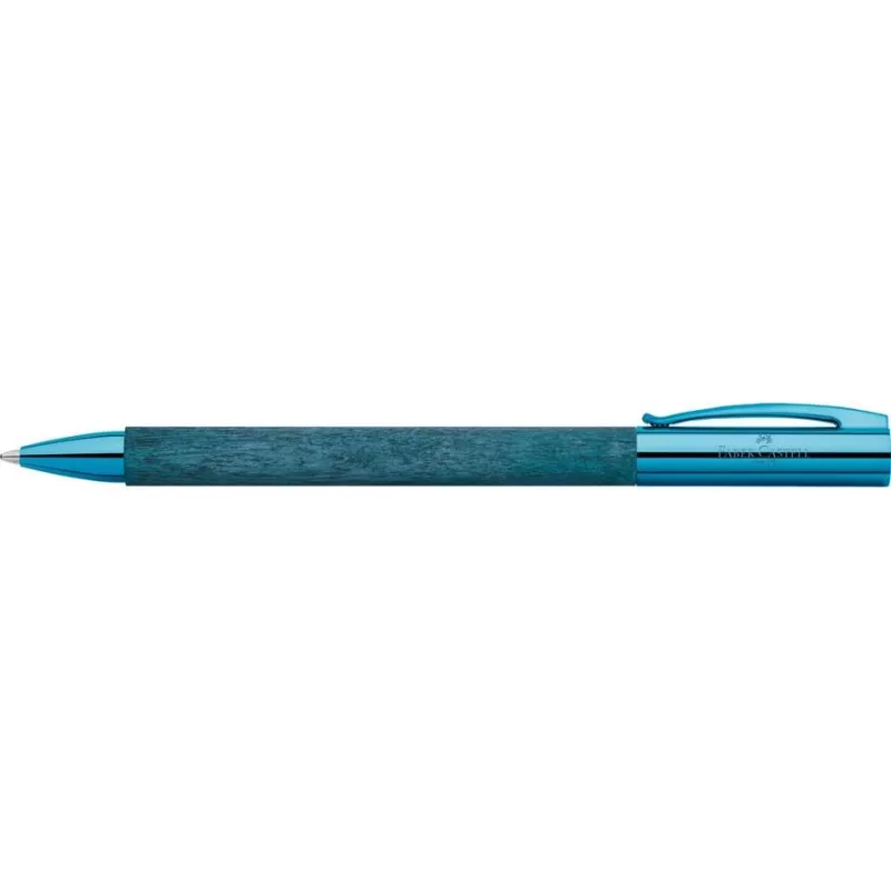Caneta esferográfica Faber-Castell Ambition – corpo em madeira azul, tinta preta, anel decorativo cromado 148035