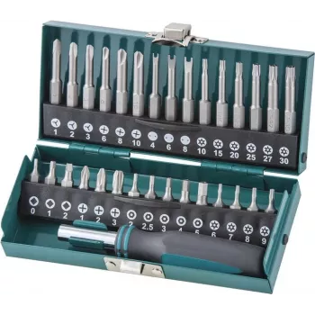 Conjunto de 31 bits de segurança Wolfcraft com porta-bits magnético de troca rápida, aço S2, haste hexagonal de 1/4 polegadas, Phillips, Pozidriv, Torx, Security-Hex, Tri-Wing, Spanner, Torq-Set, Robertson, fenda 1386000