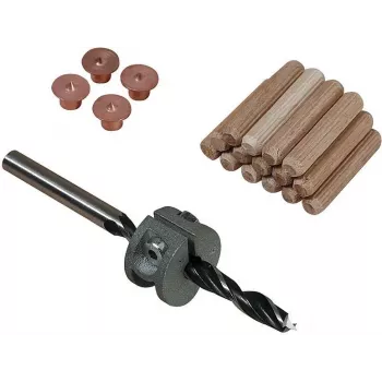 Wolfcraft Conjunto de cavilhas de madeira de faia 8 mm com broca, batente de profundidade e marcadores (50 cavilhas, 56 peças) 2917000