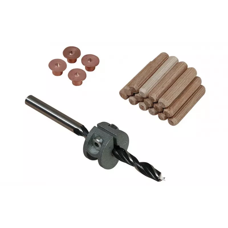 Wolfcraft Conjunto de cavilhas de madeira de faia 8 mm com broca, batente de profundidade e marcadores (50 cavilhas, 56 peças) 2917000