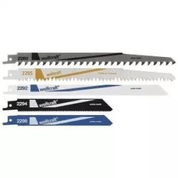 Conjunto de lâminas de serra sabre Wolfcraft 3599000, 5 peças, HCS e bimetal, 150/230 mm, 6/18 TPI, haste universal de 1/2 polegada
