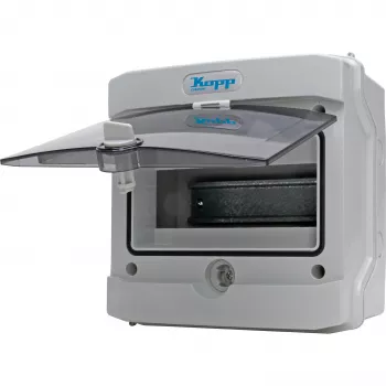 Quadro de distribuição de sobrepor para locais húmidos Heinrich Kopp 353854000 com porta, barra de terminais e acessórios, cinzento/preto