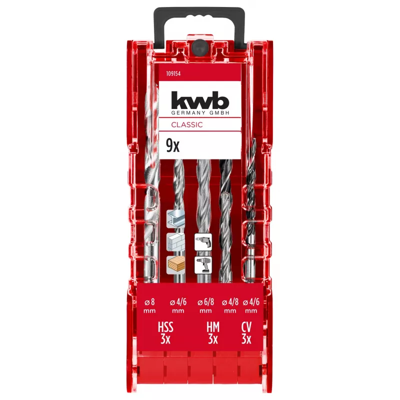 kwb 109154 Conjunto de brocas para pedra, 9 peças, 4/6/8 mm, com pastilha de metal duro, DIN 8039