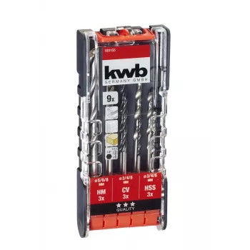 KWB 109155 Conjunto de brocas helicoidais HSS, 9 peças, 1,5-6,0 mm, DIN 338, retificadas, para metal, plástico, madeira