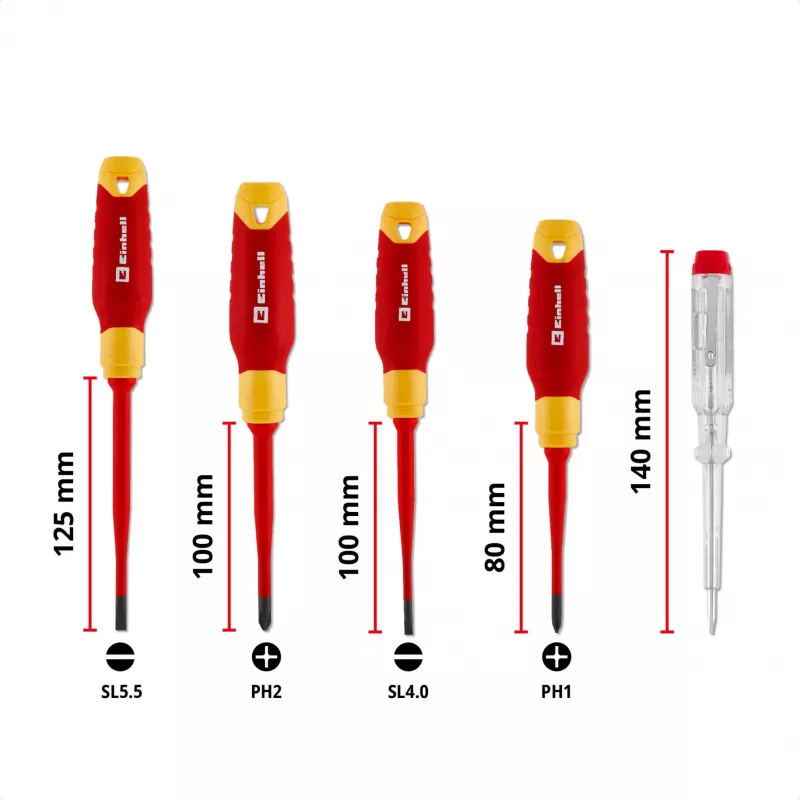 Einhell Conjunto de 5 chaves de fendas VDE para eletricistas, SL 4,0/5,5, PH 1/2, testador de tensão, 370541