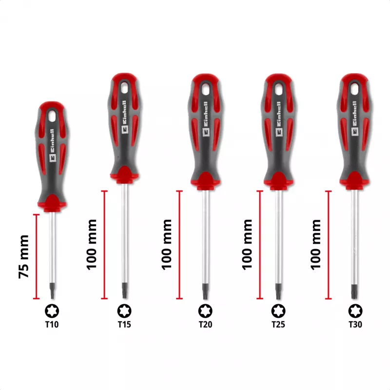 Einhell Conjunto de chaves de fendas Torx universal T10-T30, 5 peças, pontas magnéticas, aço cromo-vanádio, cabos ergonómicos bi-material, oficina e bricolage 370537