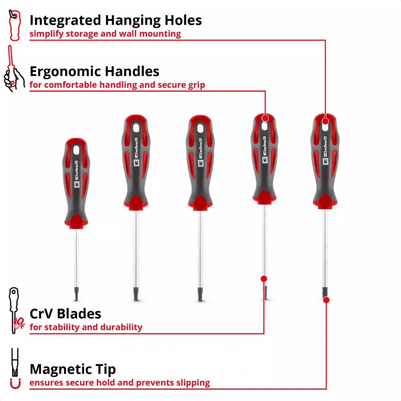 Einhell Conjunto de chaves de fendas Torx universal T10-T30, 5 peças, pontas magnéticas, aço cromo-vanádio, cabos ergonómicos bi-material, oficina e bricolage 370537