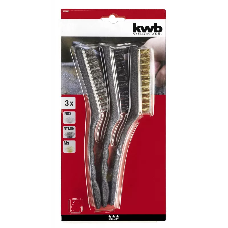kwb Conjunto de 3 escovas de arame – cerdas de aço, latão e nylon com cabos ergonómicos (923490)
