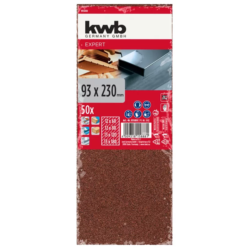 KWB 815888 Folhas de lixa, grão P60/P80/P120/P180, 230 x 93 mm, 50 unid.