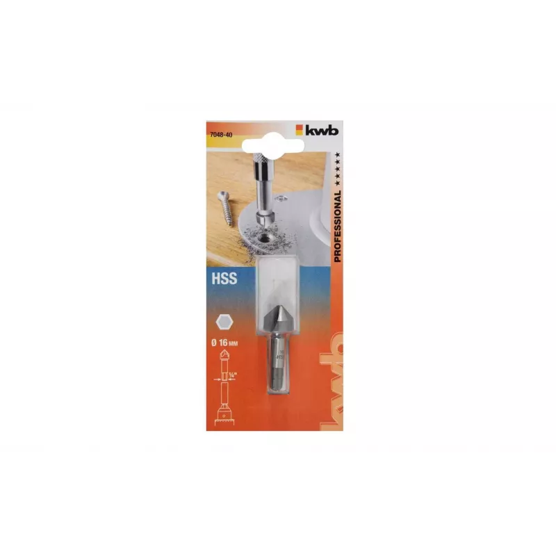 KWB 704840 Escareador cónico HSS 16 mm, 90°, 3 arestas, haste cilíndrica
