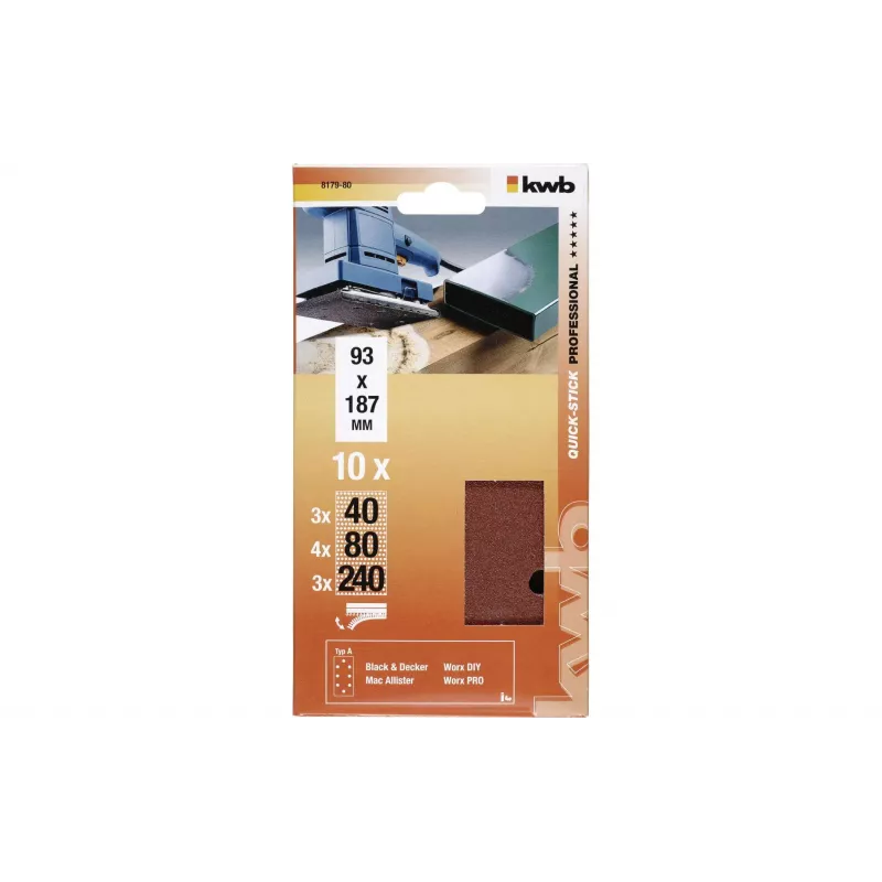 KWB 817980 Folhas de lixa, grão P40/P80/P240, 186 x 93 mm, 10 unid.