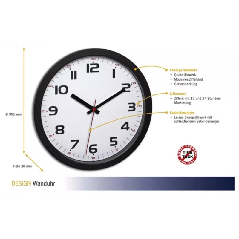 TFA Dostmann 60.3050.01 Relógio de parede de quartzo 305 mm preto