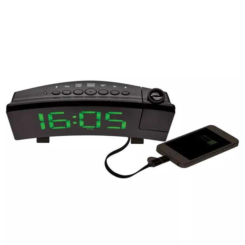 TFA Dostmann Despertador radiocontrolado com projeção e função de carregamento USB - Despertador digital - Retangular - Preto - Plástico - Hora - LED (60.5015.04)