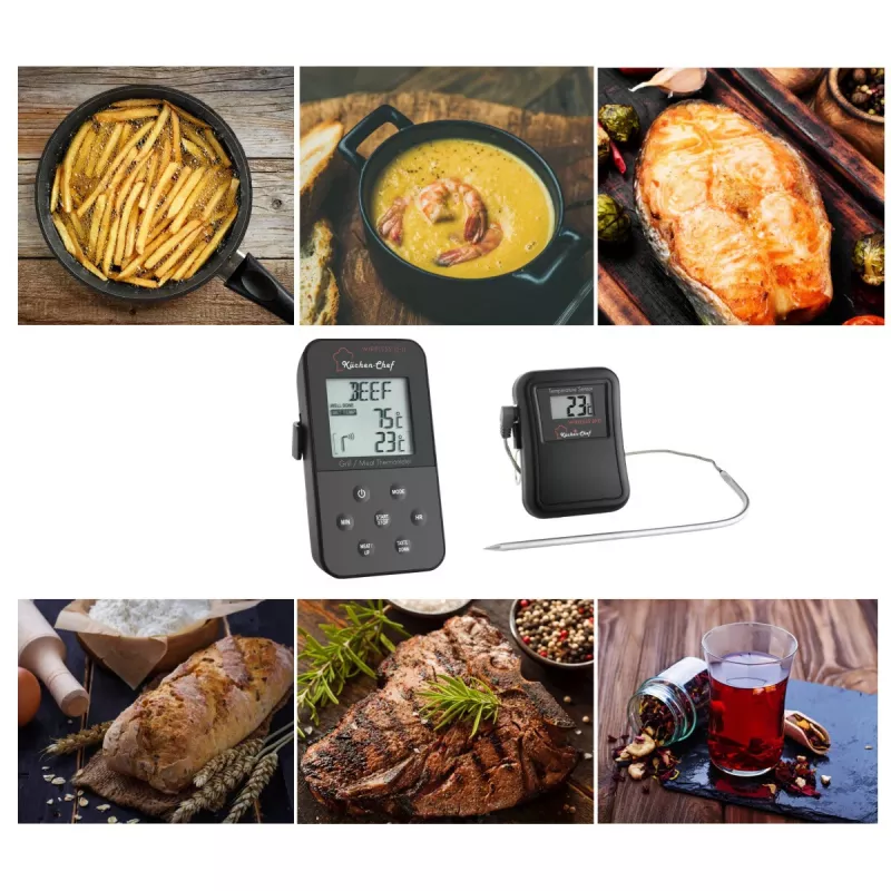 TFA Dostmann 14.1504 Termómetro de grelhar com sonda de cabo, alarme, temporizador, monitorização da temperatura interna para cozedura lenta, carne de porco, carne de vaca, caça, peru, borrego, coelho