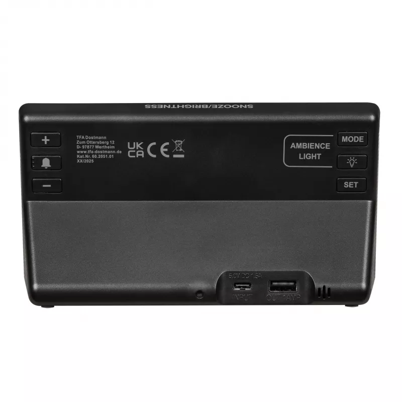 TFA Dostmann 60.2051.01 Despertador de quartzo preto com função de carregamento