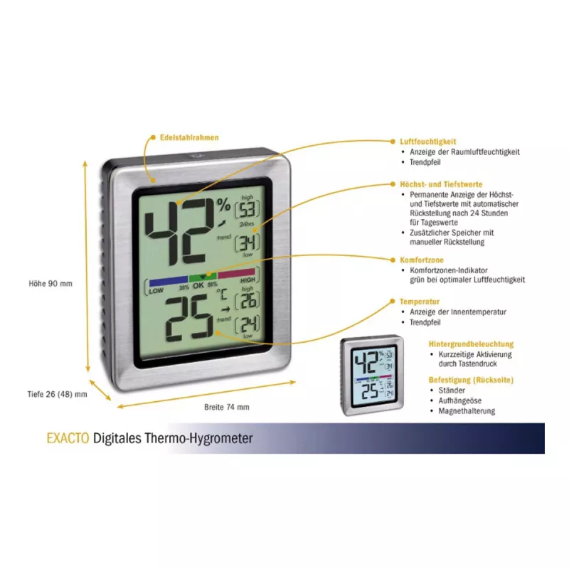 TFA Dostmann EXACTO Termo-higrómetro digital prateado 30.5047.54.K