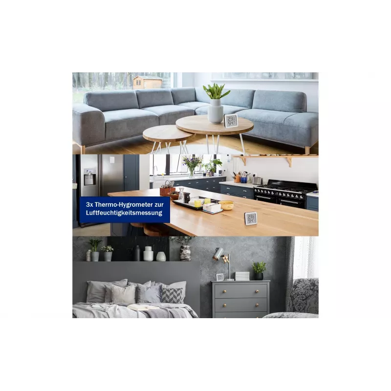 TFA Dostmann 95.2019.54 termo-higrómetro digital conjunto de 3 para monitorização do clima interior, branco/prateado