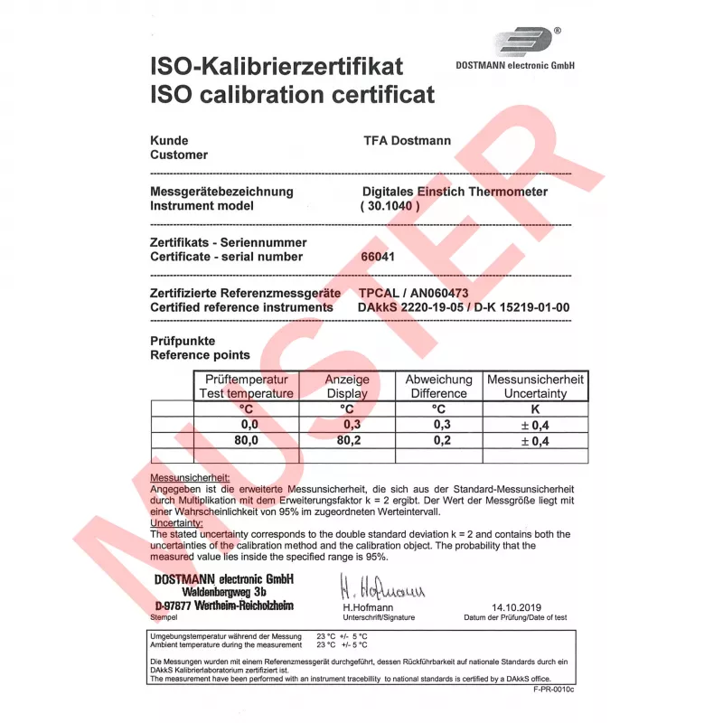 TFA Dostmann 30.1040.K termómetro de cozinha calibrado (ISO) com desligamento automático, HACCP & EN 13485, monitorização da temperatura no centro