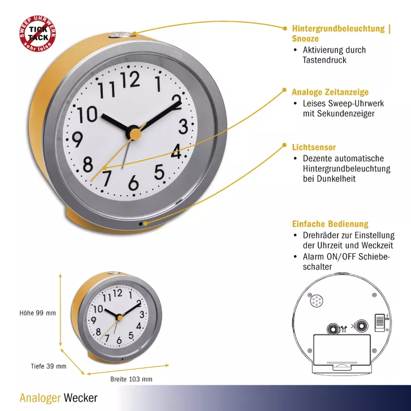 TFA Dostmann 60.1034.07 despertador analógico de quartzo redondo amarelo