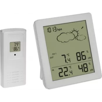 TFA Dostmann CLEAR estação meteorológica com rádio e sensor exterior, previsão 12-24h, relógio com rádio, preta 35.1168.02