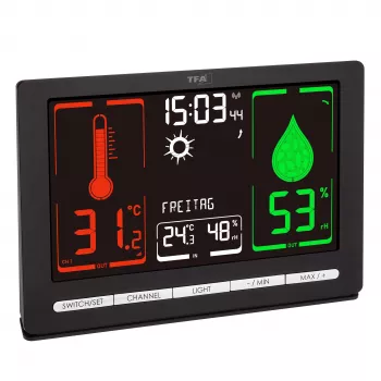 TFA Dostmann METEOCHROME Estação meteorológica sem fios com ecrã a cores, previsão 12-24h, sensor exterior, relógio DCF-77 35.1132.01