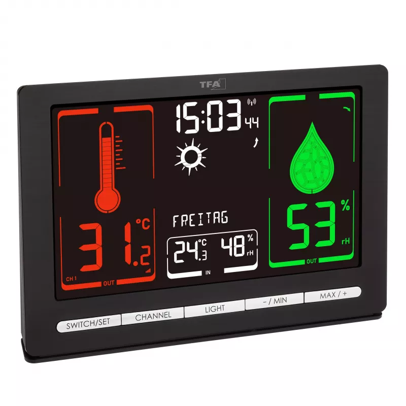 TFA Dostmann METEOCHROME Estação meteorológica sem fios com ecrã a cores, previsão 12-24h, sensor exterior, relógio DCF-77 35.1132.01