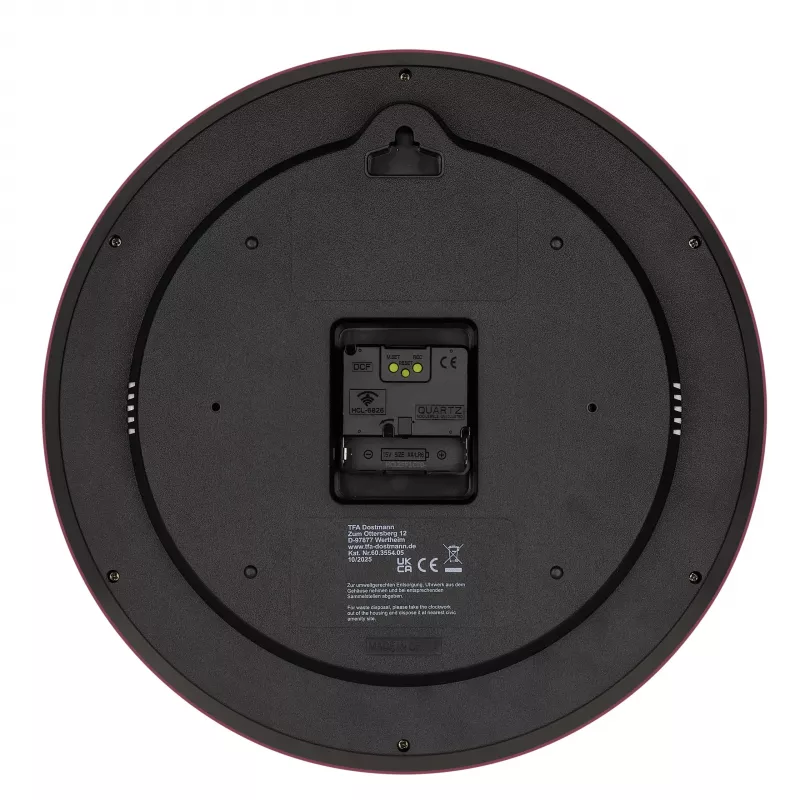 TFA Dostmann 60.3554.05 Relógio de parede sem fios, vermelho, 320 mm de diâmetro